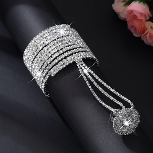 Rhinestone Hand Chain Bracelets Finger Ring for Women Beautiful Bride Trendy Silver Sparkling Cubic Zirconia Slave Bracelet Open Rings Blippi Halloween Costume Accessories Dating Anniversary Jewelry in Kuwait