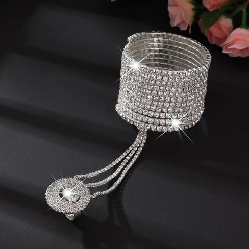 Rhinestone Hand Chain Bracelets Finger Ring for Women Beautiful Bride Trendy Silver Sparkling Cubic Zirconia Slave Bracelet Open Rings Blippi Halloween Costume Accessories Dating Anniversary Jewelry in Kuwait