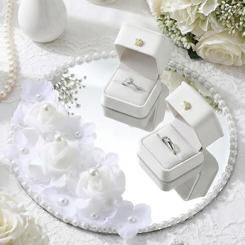 Liliaafar Wedding Mirror Tray with 2 Pcs Ring Boxes Mirrors Flat Circle Plates with Pearl Roses Design Trays for Table Centerpieces Wedding Party Centerpieces in Kuwait