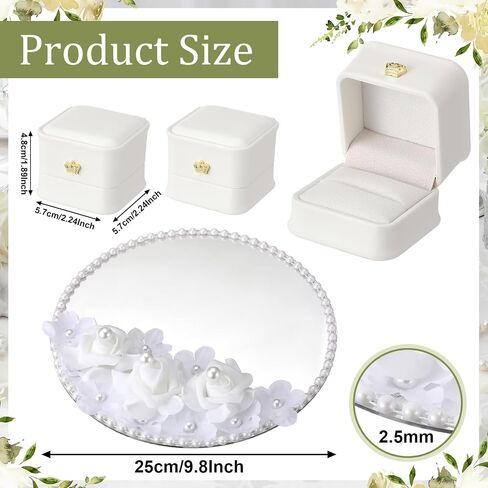 Liliaafar Wedding Mirror Tray with 2 Pcs Ring Boxes Mirrors Flat Circle Plates with Pearl Roses Design Trays for Table Centerpieces Wedding Party Centerpieces in Kuwait