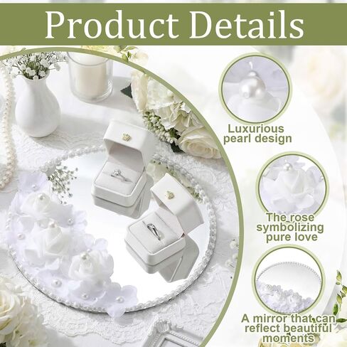 Liliaafar Wedding Mirror Tray with 2 Pcs Ring Boxes Mirrors Flat Circle Plates with Pearl Roses Design Trays for Table Centerpieces Wedding Party Centerpieces in Kuwait