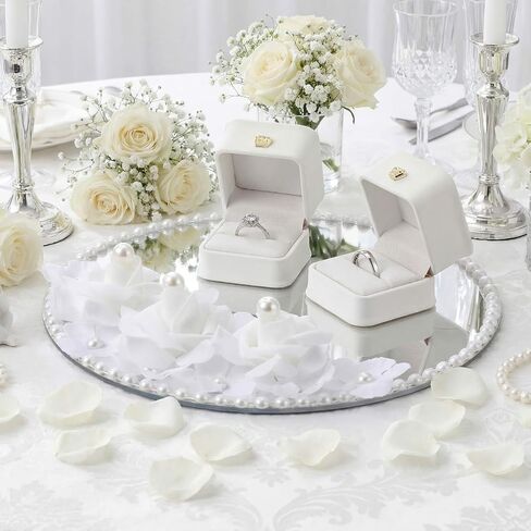 Liliaafar Wedding Mirror Tray with 2 Pcs Ring Boxes Mirrors Flat Circle Plates with Pearl Roses Design Trays for Table Centerpieces Wedding Party Centerpieces in Kuwait