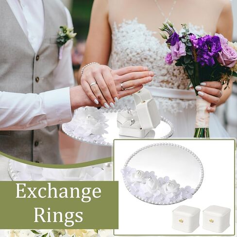 Liliaafar Wedding Mirror Tray with 2 Pcs Ring Boxes Mirrors Flat Circle Plates with Pearl Roses Design Trays for Table Centerpieces Wedding Party Centerpieces in Kuwait
