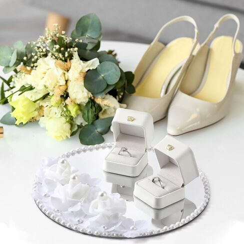 Liliaafar Wedding Mirror Tray with 2 Pcs Ring Boxes Mirrors Flat Circle Plates with Pearl Roses Design Trays for Table Centerpieces Wedding Party Centerpieces in Kuwait