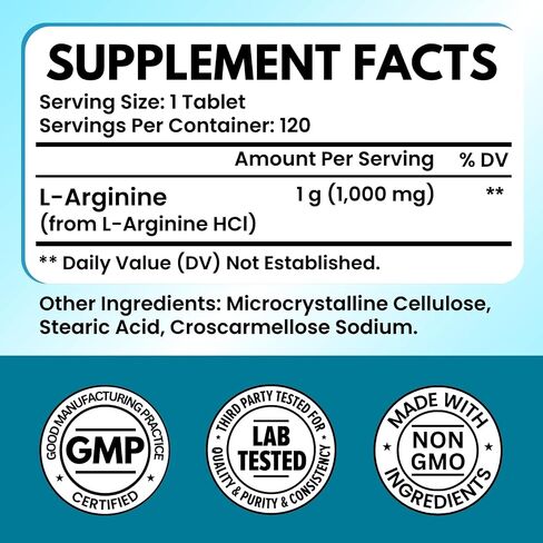 L-Arginine 1,000 mg - Essential Amino Acid & Nitric Oxide Precursor* - 120 Tablets, Non-GMO, Gluten Free, Made in USA in Saudi Arabia