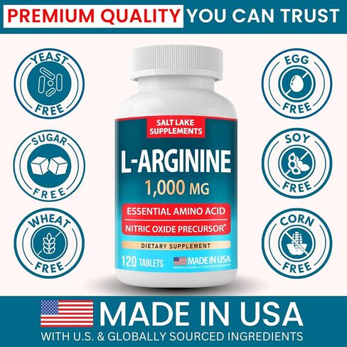 L-Arginine 1,000 mg - Essential Amino Acid & Nitric Oxide Precursor* - 120 Tablets, Non-GMO, Gluten Free, Made in USA in Saudi Arabia