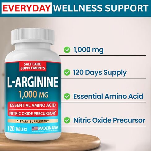 L-Arginine 1,000 mg - Essential Amino Acid & Nitric Oxide Precursor* - 120 Tablets, Non-GMO, Gluten Free, Made in USA in Saudi Arabia