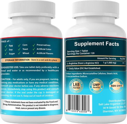 L-Arginine 1,000 mg - Essential Amino Acid & Nitric Oxide Precursor* - 120 Tablets, Non-GMO, Gluten Free, Made in USA in Saudi Arabia