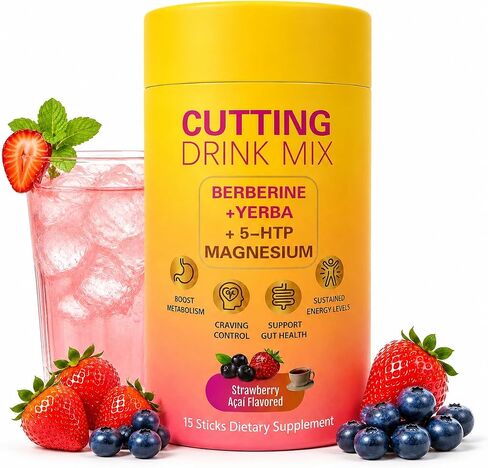 Cutting Drink Mix, Gut Health & Energy Support with Berberine,5-HTP, Yerba Mate & Magnesium, Strawberry Acai Flavor, Vegan, Non-GMO,15 Servings in Saudi Arabia