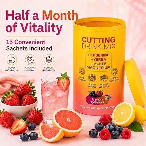 Cutting Drink Mix, Gut Health & Energy Support with Berberine,5-HTP, Yerba Mate & Magnesium, Strawberry Acai Flavor, Vegan, Non-GMO,15 Servings in Saudi Arabia