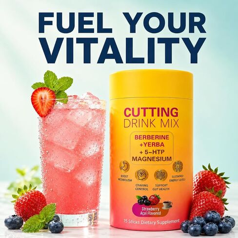 Cutting Drink Mix, Gut Health & Energy Support with Berberine,5-HTP, Yerba Mate & Magnesium, Strawberry Acai Flavor, Vegan, Non-GMO,15 Servings in Saudi Arabia