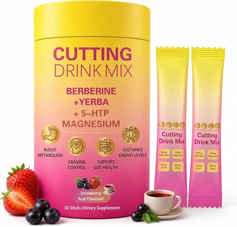 Cutting Drink Mix – Berberine Supports Healthy Digestion,Energy & Gut Health with Magnesium,Yerba Mate & 5-HTP,Vegan,Sugar-Free,Non-GMO,Strawberry Acai Flavored – 30 Sticks in Saudi Arabia