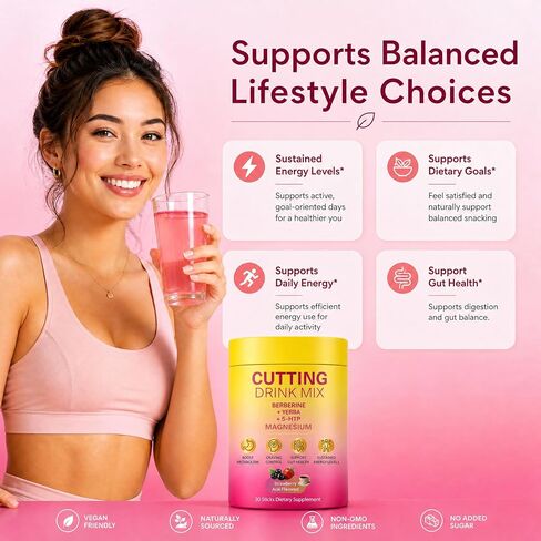 Cutting Drink Mix – Berberine Supports Healthy Digestion,Energy & Gut Health with Magnesium,Yerba Mate & 5-HTP,Vegan,Sugar-Free,Non-GMO,Strawberry Acai Flavored – 30 Sticks in Saudi Arabia