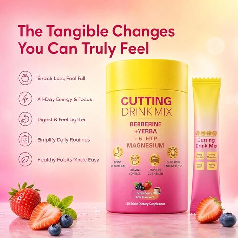 Cutting Drink Mix – Berberine Supports Healthy Digestion,Energy & Gut Health with Magnesium,Yerba Mate & 5-HTP,Vegan,Sugar-Free,Non-GMO,Strawberry Acai Flavored – 30 Sticks in Saudi Arabia
