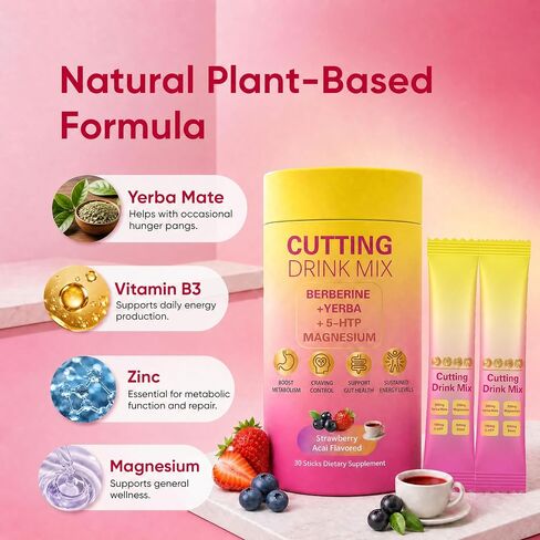 Cutting Drink Mix – Berberine Supports Healthy Digestion,Energy & Gut Health with Magnesium,Yerba Mate & 5-HTP,Vegan,Sugar-Free,Non-GMO,Strawberry Acai Flavored – 30 Sticks in Saudi Arabia