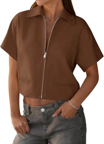 Tankaneo Womens Trendy Vest Top Summer Casual Short Sleeve Zip Up Blazer Cropped Loose Fit Collared Blouses in Kuwait