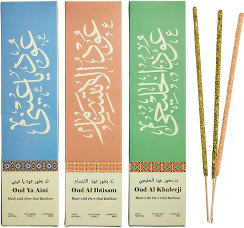 Arabian Oudh Incense Sticks by Dukhni – 90 Premium Agarwood Oud Sticks | 3 Assorted Oudh Fragrances | Organic & Charcoal Free Incense I Long-Lasting Fragrance for Home, Meditation & Relaxation in Kuwait