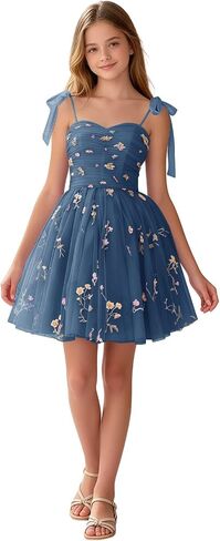 Floral Embroidery Junior Bridesmaid Dress Tulle Sweetheart Neck Girls Prom Dresses Fairy Short Formal Flower Girl Gown in Saudi Arabia