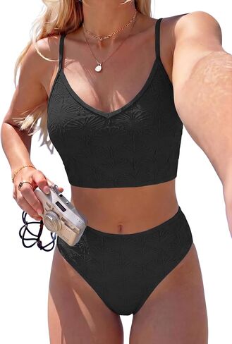 ZAFUL Women's High Waisted Bikini Sets Seashell Textured Two Piece Swimsuit V Neck Adjustable Straps Swim Bathing Suits in Kuwait