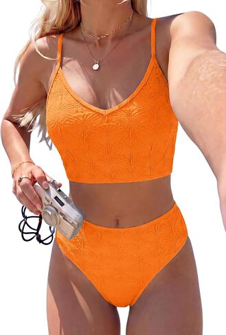 ZAFUL Women's High Waisted Bikini Sets Seashell Textured Two Piece Swimsuit V Neck Adjustable Straps Swim Bathing Suits in Kuwait