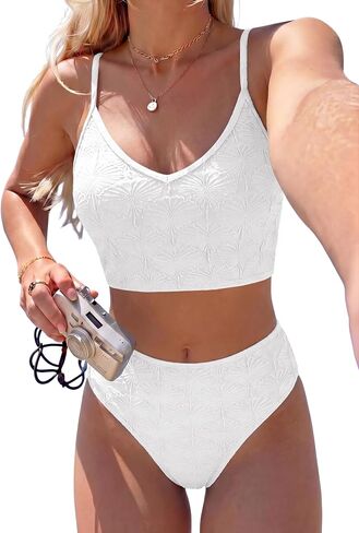 ZAFUL Women's High Waisted Bikini Sets Seashell Textured Two Piece Swimsuit V Neck Adjustable Straps Swim Bathing Suits in Kuwait