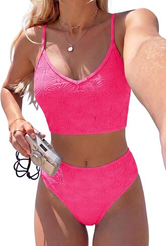 ZAFUL Women's High Waisted Bikini Sets Seashell Textured Two Piece Swimsuit V Neck Adjustable Straps Swim Bathing Suits in Kuwait