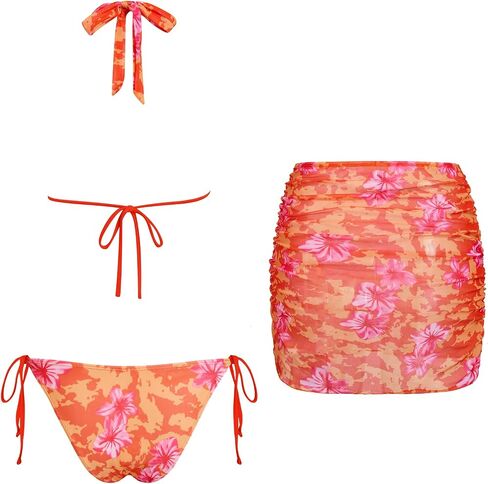 ZAFUL المرأة 3pcs ملابس السباحة الأزهار الرسن بيكيني الأعلى التعادل الجانب السفلي مع تغطية قصيرة شفافة تنورة in Kuwait