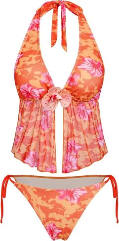 ZAFUL المرأة 3pcs ملابس السباحة الأزهار الرسن بيكيني الأعلى التعادل الجانب السفلي مع تغطية قصيرة شفافة تنورة in Kuwait