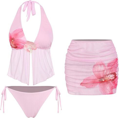ZAFUL المرأة 3pcs ملابس السباحة الأزهار الرسن بيكيني الأعلى التعادل الجانب السفلي مع تغطية قصيرة شفافة تنورة in Kuwait