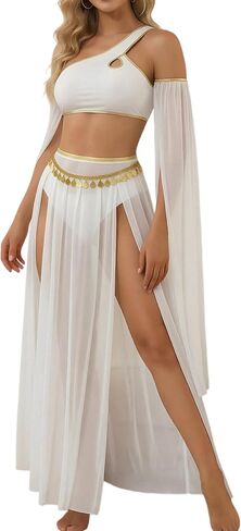SEAUR Women’s Exotic Lingerie Outfit, Slit Skirt + Bra + Panties + Mesh Sleeves, Sexy Cosplay Dance Costume in Saudi Arabia