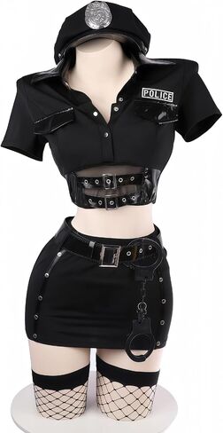Sexy Police Lingerie Set – Tempting 7-Piece Uniform with Hat, Top, Gloves, Skirt, Stockings, Handcuffs, Belt & Glasses, One Size Fits Up to S-M, Please Refer to Size Chart Black in Kuwait