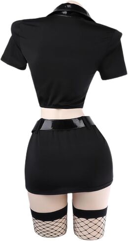 Sexy Police Lingerie Set – Tempting 7-Piece Uniform with Hat, Top, Gloves, Skirt, Stockings, Handcuffs, Belt & Glasses, One Size Fits Up to S-M, Please Refer to Size Chart Black in Kuwait