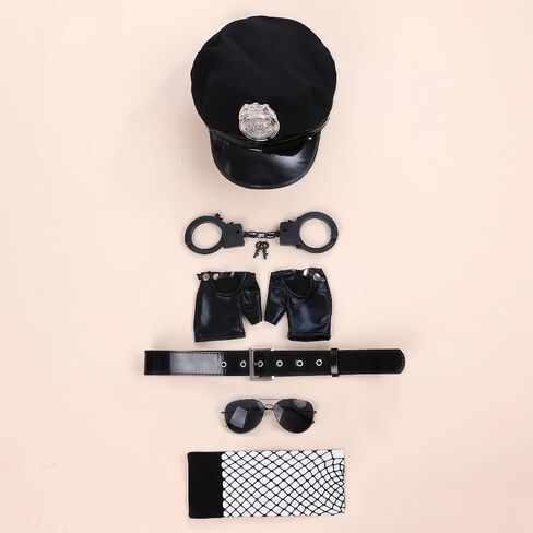 Sexy Police Lingerie Set – Tempting 7-Piece Uniform with Hat, Top, Gloves, Skirt, Stockings, Handcuffs, Belt & Glasses, One Size Fits Up to S-M, Please Refer to Size Chart Black in Kuwait