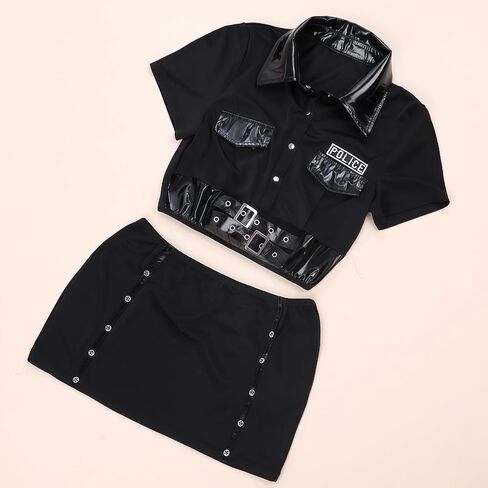 Sexy Police Lingerie Set – Tempting 7-Piece Uniform with Hat, Top, Gloves, Skirt, Stockings, Handcuffs, Belt & Glasses, One Size Fits Up to S-M, Please Refer to Size Chart Black in Kuwait