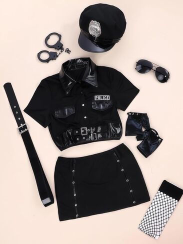 Sexy Police Lingerie Set – Tempting 7-Piece Uniform with Hat, Top, Gloves, Skirt, Stockings, Handcuffs, Belt & Glasses, One Size Fits Up to S-M, Please Refer to Size Chart Black in Kuwait