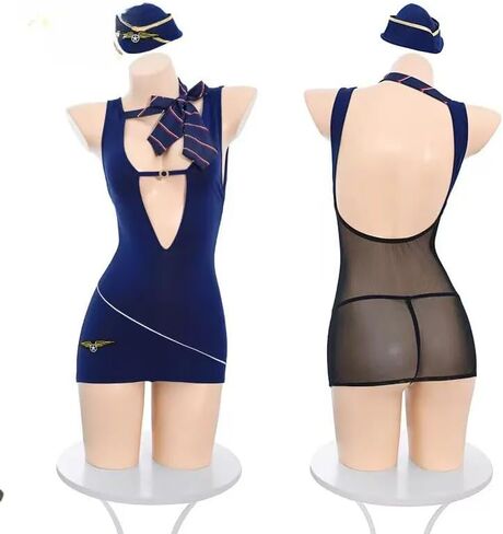 Sexy Flight Attendant Lingerie Set Women Roleplay Costume with G-string Anime OL Uniform Outfit (BLUE, Universal sizing) in Kuwait