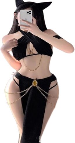 Sexy Cleopatra Costume Lingerie for Women – Egyptian Queen Cat Outfit with Gold Chain, Halter Bra & High Cut Panty, Belly Dancer Role Play Set for Halloween, Mardi Gras & Valentine’s Day in Saudi Arabia
