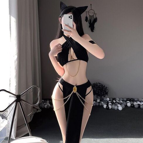 Sexy Cleopatra Costume Lingerie for Women – Egyptian Queen Cat Outfit with Gold Chain, Halter Bra & High Cut Panty, Belly Dancer Role Play Set for Halloween, Mardi Gras & Valentine’s Day in Saudi Arabia