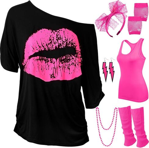 Didaey Disco 80s Costume Print Off Shoulder Tops Tank Top Headband Earring Necklace Legwarmers Fishnet Gloves in Kuwait