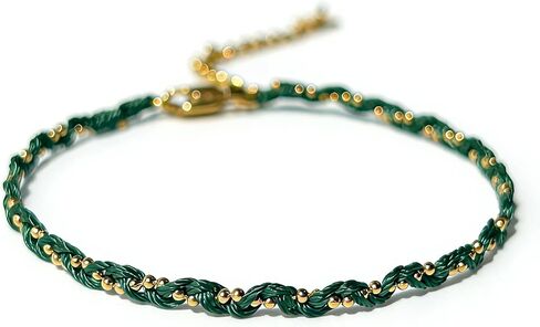 Braided Bracelet for Women Green String Bracelet with Gold Silver Beads | 18k Gold Plated,Green Rope Bracelets,Handmade Vintage Bracelet,Adjustable Bracelet,Delicate Strand Bracelet,Daily wear in Kuwait
