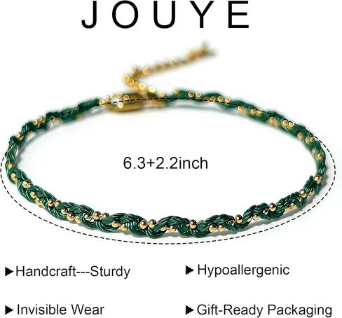 Braided Bracelet for Women Green String Bracelet with Gold Silver Beads | 18k Gold Plated,Green Rope Bracelets,Handmade Vintage Bracelet,Adjustable Bracelet,Delicate Strand Bracelet,Daily wear in Kuwait