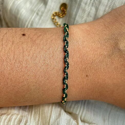 Braided Bracelet for Women Green String Bracelet with Gold Silver Beads | 18k Gold Plated,Green Rope Bracelets,Handmade Vintage Bracelet,Adjustable Bracelet,Delicate Strand Bracelet,Daily wear in Kuwait