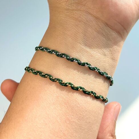 Braided Bracelet for Women Green String Bracelet with Gold Silver Beads | 18k Gold Plated,Green Rope Bracelets,Handmade Vintage Bracelet,Adjustable Bracelet,Delicate Strand Bracelet,Daily wear in Kuwait