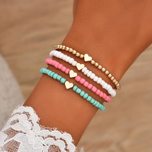 4PCS Heart Beaded Stretch Bracelet Set for Women, Colorful Stackable Boho Bracelet, Gold Bead & Acrylic Beads Bracelet, Cute Dainty Friendship Bracelet Jewelry Gift in Kuwait