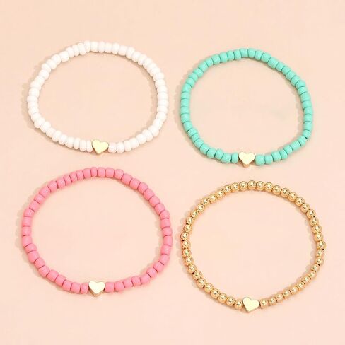 4PCS Heart Beaded Stretch Bracelet Set for Women, Colorful Stackable Boho Bracelet, Gold Bead & Acrylic Beads Bracelet, Cute Dainty Friendship Bracelet Jewelry Gift in Kuwait