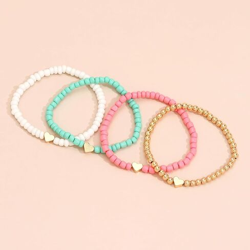 4PCS Heart Beaded Stretch Bracelet Set for Women, Colorful Stackable Boho Bracelet, Gold Bead & Acrylic Beads Bracelet, Cute Dainty Friendship Bracelet Jewelry Gift in Kuwait