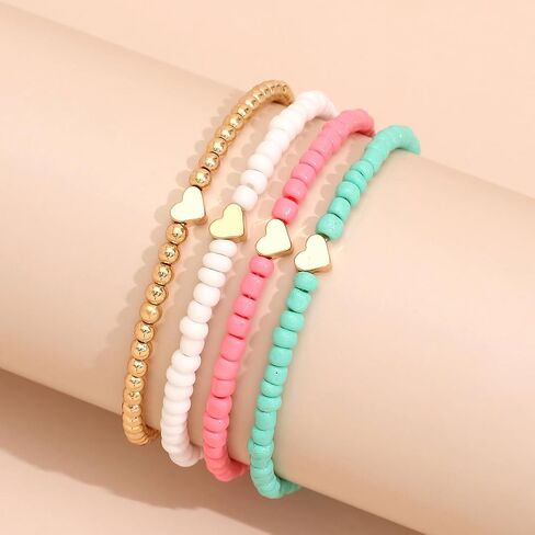 4PCS Heart Beaded Stretch Bracelet Set for Women, Colorful Stackable Boho Bracelet, Gold Bead & Acrylic Beads Bracelet, Cute Dainty Friendship Bracelet Jewelry Gift in Kuwait