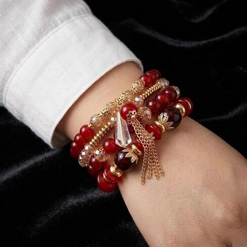 Red Beaded Multilayer Stackable Bracelet with Gold Accents and Crystal Pendant Tassel Fashion Accessory in Kuwait