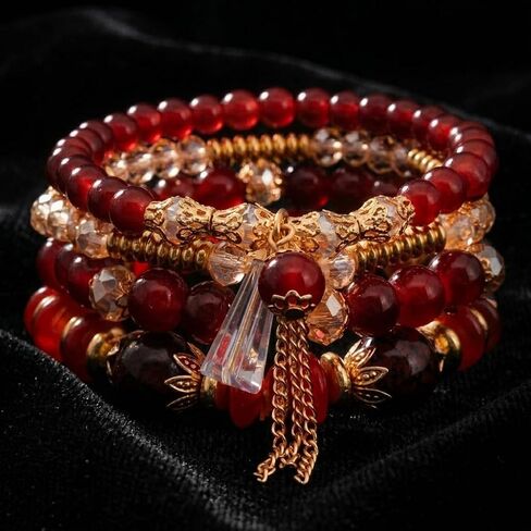 Red Beaded Multilayer Stackable Bracelet with Gold Accents and Crystal Pendant Tassel Fashion Accessory in Kuwait
