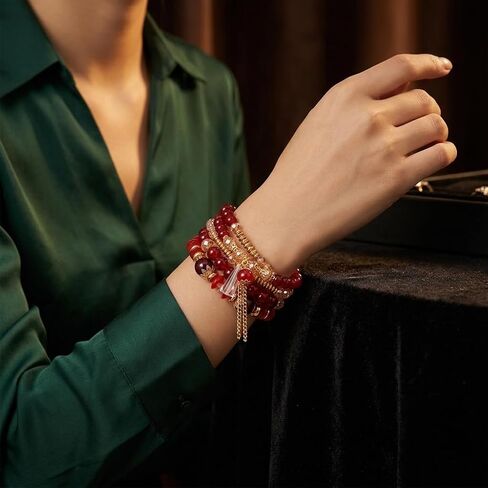 Red Beaded Multilayer Stackable Bracelet with Gold Accents and Crystal Pendant Tassel Fashion Accessory in Kuwait